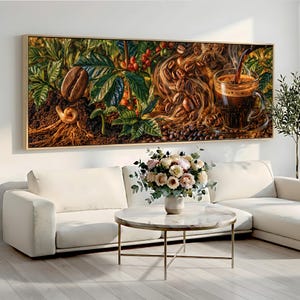 May include: A rectangular wall art print featuring a coffee theme. The image displays a coffee plant with green leaves and red berries, a single large coffee bean on soil, scattered roasted coffee beans, and a glass cup filled with dark coffee.