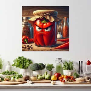 Wütend eingelegter Pfeffer im Glas Leinwanddruck, Küche Wandbild, Gemüse Poster, Hausfrau Geschenk, gerahmt und fertig zum Aufhängen