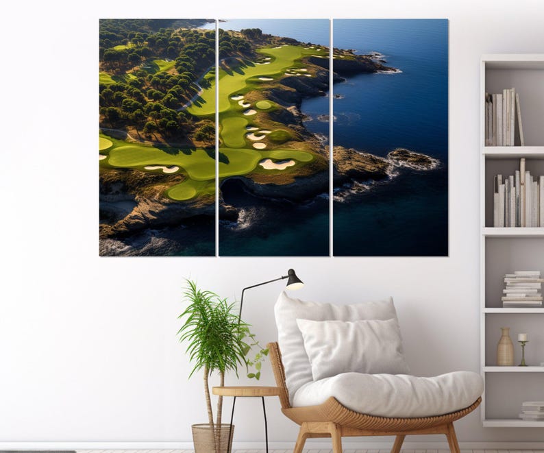 Impressão em tela de campo de golfe à beira-mar, arte de parede de golfe, decoração de resort de golfe, presente para jogador de golfe, decoração de parede de clube de golfe, emoldurada e pronta para pendurar imagem 3