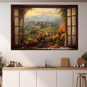 Offenes Fenster mit Blick auf die Toskana Leinwand, Toskana Malerei, Weinherstellung Wandkunst, gerahmt und fertig zum Aufhängen