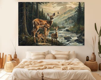 Mother Deer with Fawns in Pine Forest Painting Canvas Print, Deer Painting, Forest Animals Wall Art, Framed and Ready to Hang