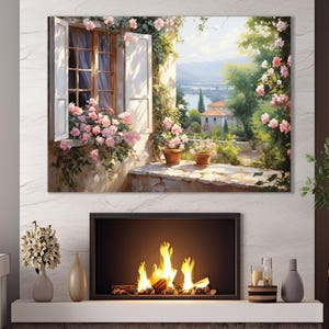 May include: A painting of a window with pink flowers and a view of a small town in the distance. The window is open and the flowers are in bloom. The town is nestled in a valley and there are mountains in the background.