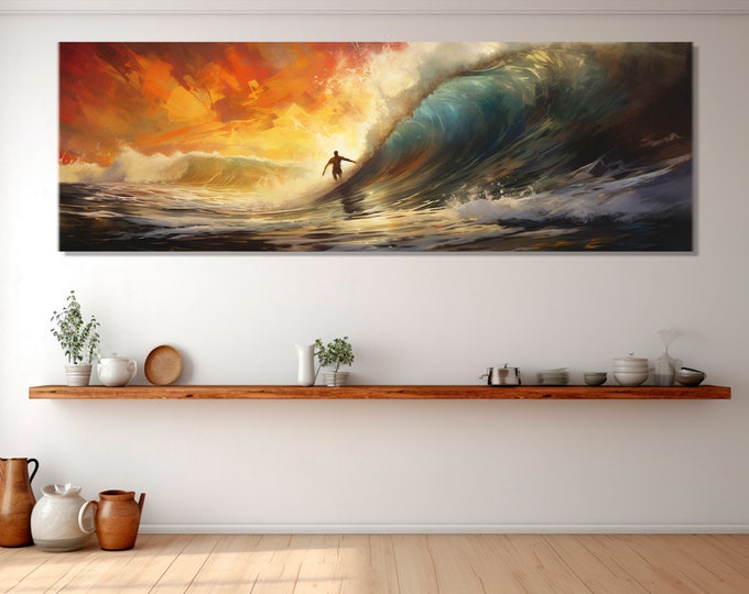 Surfing Canvas Wall Art, Large Surfing Painting, Surfer Gift, Surfing Wall Decor, Surfing Poster, Framed and Ready to Hang