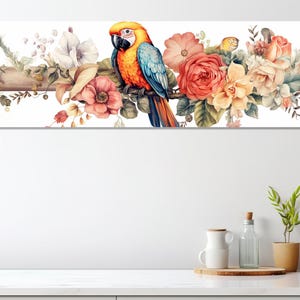 Colorful Parrot on the Branch with Flowers Canvas Print, Minimalist Parrots Wall Art, Parrot Canvas Print, Framed and Ready to Hang