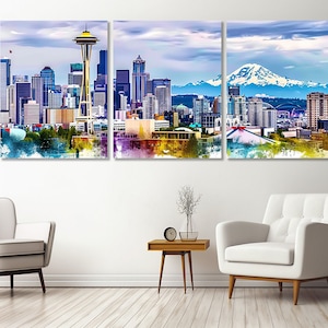 Seattle Panoramic Canvas Print, Seattle Painting, Abstract Seattle Canvas Art, Seattle Skyline, Seattle Wall Art, Framed and Ready to Hang