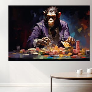 Monkey Playing Poker Canvas Print, Poker Wall Art, Poker Club Decor, Poker Player Gift, Framed and Ready to Hang