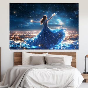 Fee über Nacht Stadt Gemälde Leinwand, Märchen Wandkunst, Kinderzimmer Dekor, Nacht Stadt Fee Landschaft, gerahmt und fertig zum Aufhängen