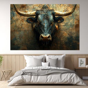 Taureau abstrait du Texas sur l'impression sur toile de fond de carte du vieux Texas, peinture de bétail du Texas, art mural du Texas, encadré et prêt à accrocher