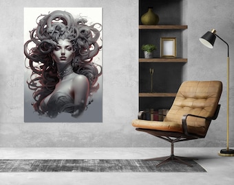 Mythology Wall Art, Medusa Gorgon Painting Canvas Print, Framed and Ready to Hang