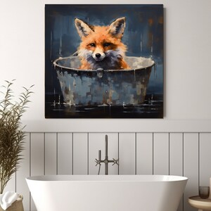 Cute Fox in the Bathtub Painting Canvas Print, Bathroom Wall Art, Bathroom Wall Decor, Nursery Canvas Art, Baby Room Decor