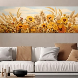 Sunflowers and Wheat Painting Canvas Print, Rustic Farm Wall Decor, Large Boho Farmhouse Wall Art, Farmer Gift, Framed and Ready to Hang