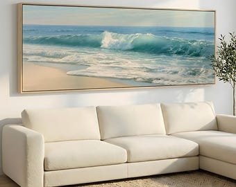 Toile vague océan, peinture horizon côtier, art de la mer serein, encadré et prêt à accrocher