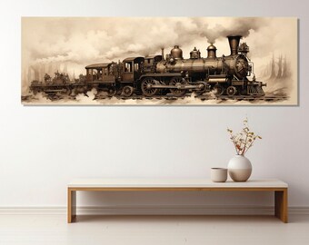 Vintage Steam Train Canvas Print, Large Sepia Train Painting, Steam Locomotive Train Poster, Framed and Ready to Hang