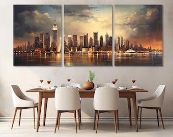 Extra Large New York Painting Canvas Print, Abstract New York Skyline, New York Canvas Art, Framed and Ready to Hang