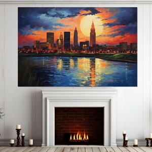 Abstract schilderij Cleveland skyline, Cleveland canvas print, Cleveland Wall Art, Cleveland poster, ingelijst en klaar om op te hangen