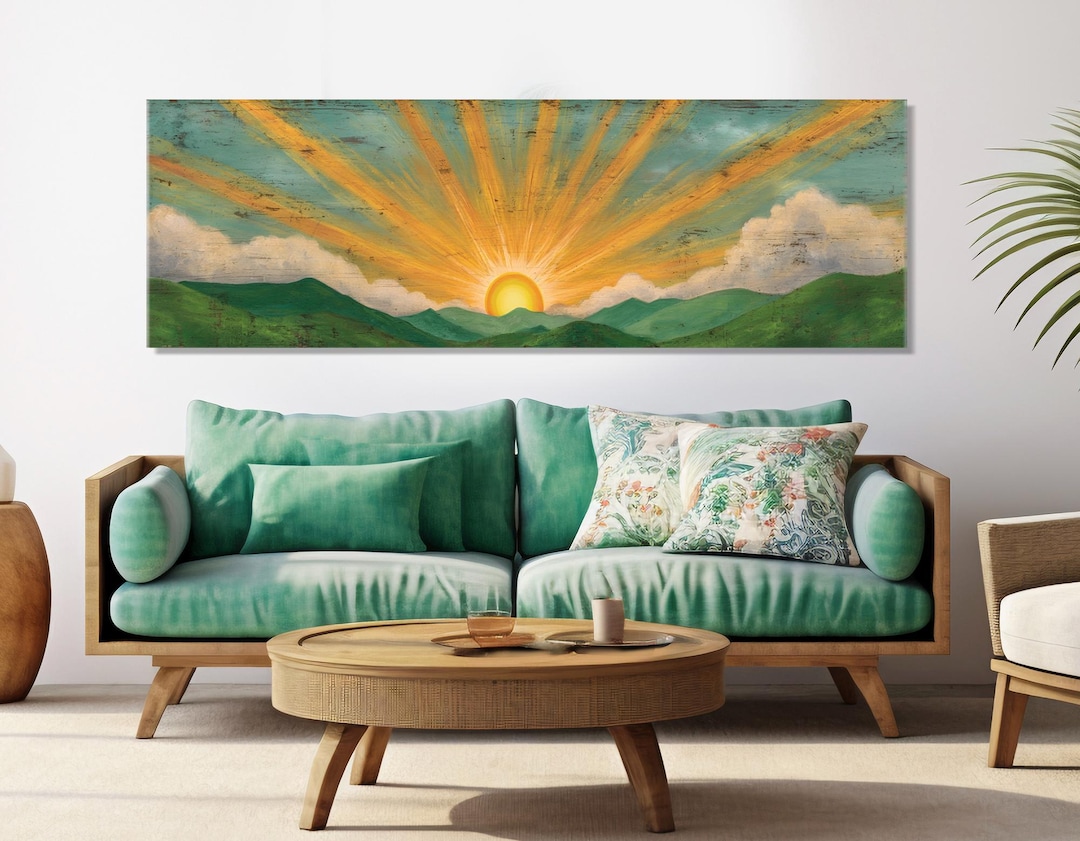 Radiant Sunrise Over Rolling Hills Canvas Print, Boho Sun Wall Art ...