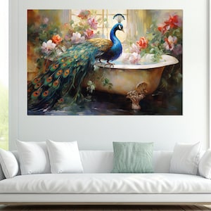 Abstract Peacock Sitting on the Bath Painting, Peacock Canvas Print, Bathroom Wall Decor, Colorful Wall Art