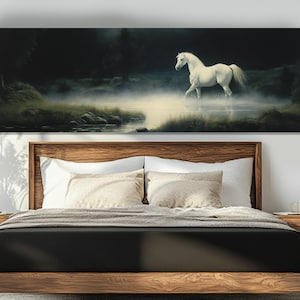 White Horse in Mystical Night Forest Canvas Print, Beautiful Horse Painting, Horses Wall Art, Framed and Ready to Hang