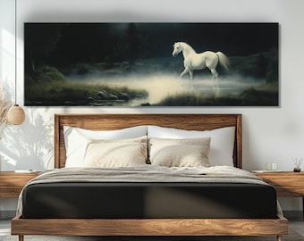 White Horse in Mystical Night Forest Canvas Print, Beautiful Horse Painting, Horses Wall Art, Framed and Ready to Hang