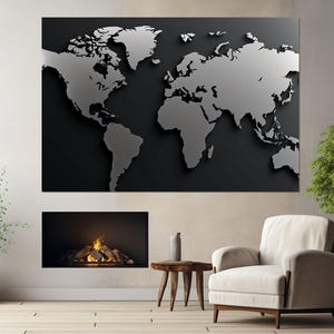 Abstract Monochrome World Map Canvas Print, Minimalist World Map Wall Art, Modern Office Decor, World Map Print, Framed and Ready to Hang
