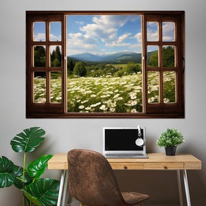 Open Window with Chamomile Field View Painting Canvas Print, Faux Window Wall Art, Framed and Ready to Hang