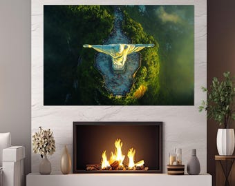 Christ the Redeemer Canvas Print, Scenic Christ Statue in Rio De Janeiro Wall Art, Rio Christ Painting, Rio Poster, Framed & Ready to Hang