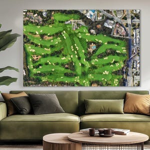 Campo de golfe de São Francisco, pintura aérea abstrata, impressão em tela, arte de parede de golfe, presente para jogador de golfe, decoração de taco de golfe, emoldurado e pronto para pendurar