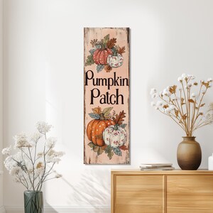 Muurdecoratie met pompoenveldje, canvasprint met herfstpompoenen, oogstdecoratie voor aan de muur, rustiek herfstbord in boerderijstijl, ingelijst en klaar om op te hangen.