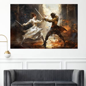 Impression sur toile de peinture d'escrime vintage, art mural d'escrime abstrait, cadeau d'escrimeur, décoration d'école d'escrime, encadré et prêt à accrocher