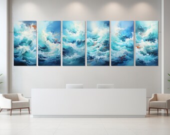 Abstract Ocean Wall Art, Ocean Waves Canvas Print, 6 Panels - Framed and Ready to Hang