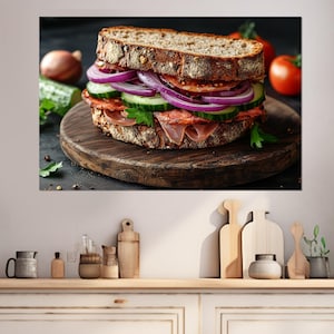 Impresión en lienzo de sándwich, decoración de pared de cocina, impresión de sándwich, decoración de restaurante, regalo gastronómico, impresión de comida, enmarcada y lista para colgar