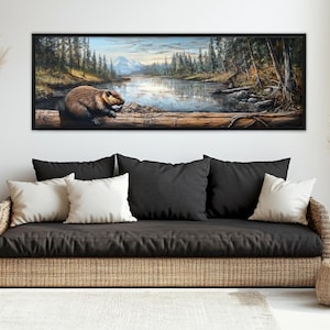 Op de afbeelding: Een schilderij van een bever die op een boomstam zit in een bosrijke omgeving. De bever is bruin en heeft een lange staart. Het bos is groen en weelderig, met een rivier op de achtergrond. De lucht is blauw en bewolkt.