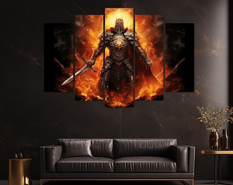 Abstract Medieval Knight Canvas Print, Gothic Knight in Fire Painting, Medieval Wall Decor, Medieval Canvas Print