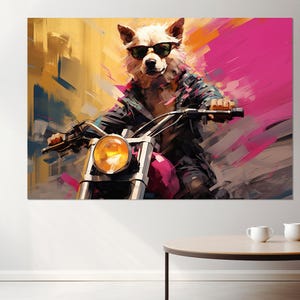Dog Riding a Motorcycle Canvas Print, Biker Club Decor, Biker Gift, Framed and Ready to Hang