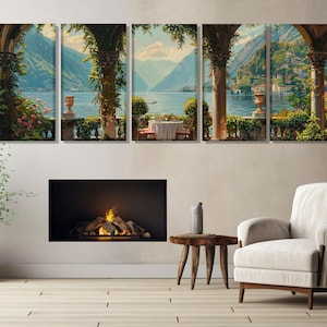 Lake Como Coast Oil Painting Canvas Print in a Vintage Style, Italy Wall Art, Lake Como Panorama, Lake Como Poster, Framed & Ready to Hang image 7