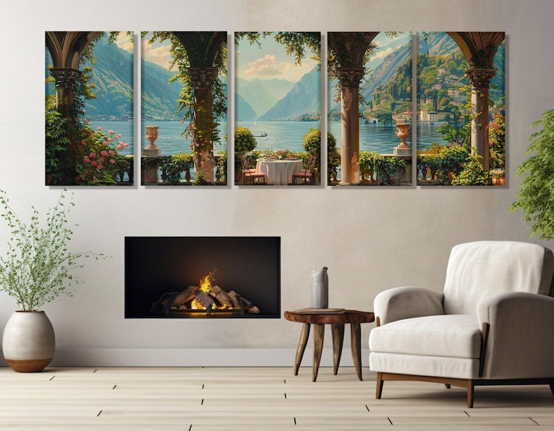 Lake Como Coast Oil Painting Canvas Print in a Vintage Style, Italy Wall Art, Lake Como Panorama, Lake Como Poster, Framed & Ready to Hang image 7