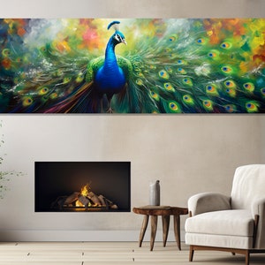 Large Peacock Canvas Print, Stunning Peacock Painting, Modern Wall Design, Framed and Ready to Hang