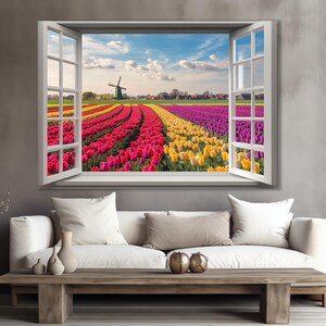 Offenes Fenster mit Tulpenfeld-Ansicht Leinwanddruck, Tulpenfeld-Wandkunst, Blumenwandkunst, bunte Tulpenmalerei, gerahmt und fertig zum Aufhängen