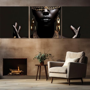Mooie Afrikaanse vrouw met gouden sieraden schilderij canvasafdruk, zwarte vrouw print, etnische vrouw kunst aan de muur, ingelijst en klaar om op te hangen