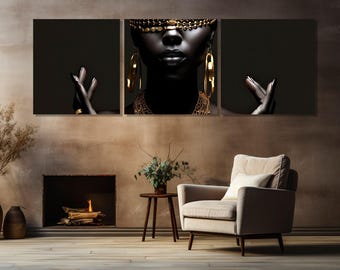 Hermosa mujer africana con joyas de oro, pintura en lienzo, impresión de mujer negra, arte de pared de mujer étnica, enmarcado y listo para colgar.