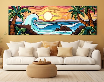 Abstract Tropical Canvas Art, Sea and Palms Painting Canvas Print, Tropical Painting, Abstract Tropical Landscape, Framed and Ready to Hang