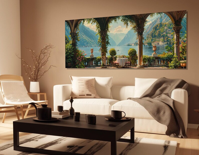 Lake Como Coast Oil Painting Canvas Print in a Vintage Style, Italy Wall Art, Lake Como Panorama, Lake Como Poster, Framed & Ready to Hang image 5