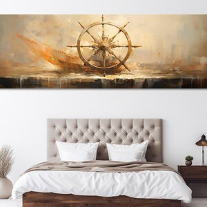 Ship&#39;s Wheel Painting Canvas Print, Large Ship&#39;s Helm Canvas, Sailing Wall Art, Sailor Gift, Framed and Ready to Hang