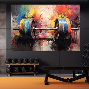 Stampa su tela con dipinto astratto con bilanciere, decorazione da parete per palestra panoramica, tela artistica per allenamento, arte da parete per fitness, incorniciata e pronta da appendere