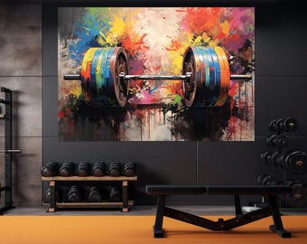 Abstract Barbell Painting Canvas Print, Scenic Gym Wall Decor, Workout Canvas Art, Fitness Wall Art, Framed and Ready to Hang