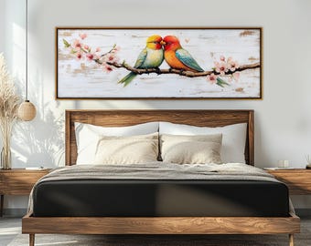 Lovebirds Paar auf Kirschbaumzweig Leinwanddruck, romantische Wandkunst, Schlafzimmer-Wanddekor, gerahmt und fertig zum Aufhängen