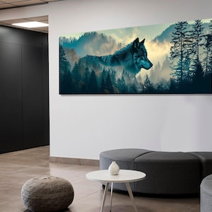 Wolf Silhouette im Wald Malerei Leinwanddruck, Native American Wandkunst, Wolf Leinwandkunst, Wolf Poster, gerahmt und fertig zum Aufhängen