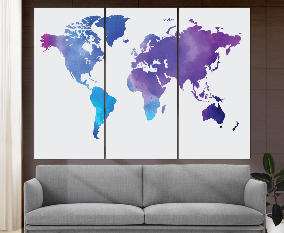 Abstract Watercolor World Map Wall Art, Purple Tones World Map Canvas ...