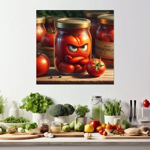 Lustiges Küchen Wandbild, Wütend eingelegte Tomaten im Glas Leinwanddruck, Küche Wanddekoration, Hausfrau Geschenk, gerahmt und fertig zum Aufhängen