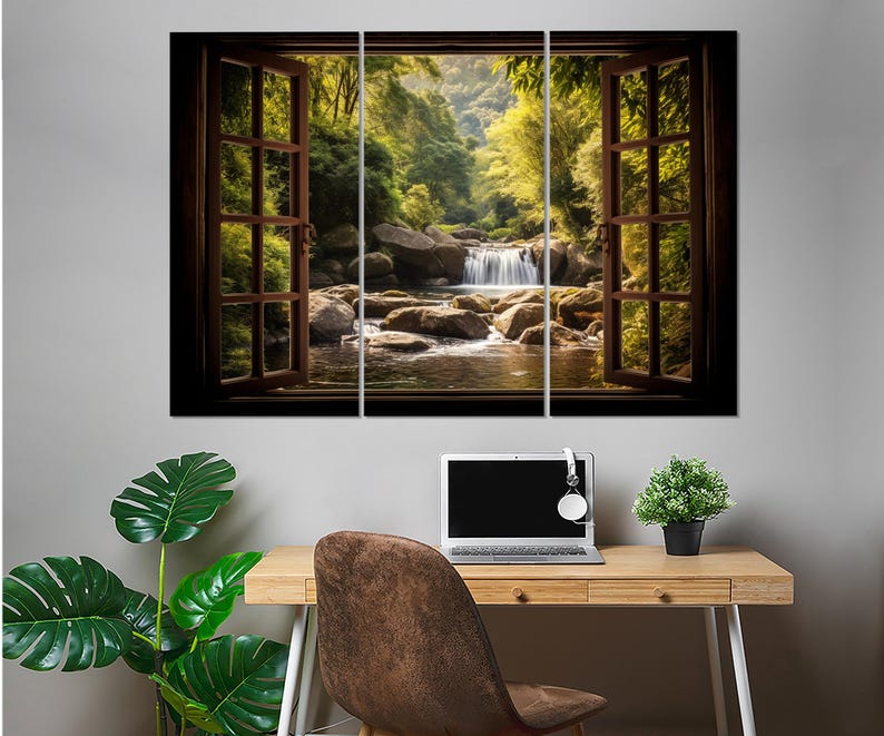 Window Canvas Open Window With Scenic Waterfall View Painting Canvas Print, Faux ...